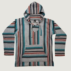 Drug Rug Baja Hoodie XL Multi Color Striped Woven Pullover Mexico Senor Lopez